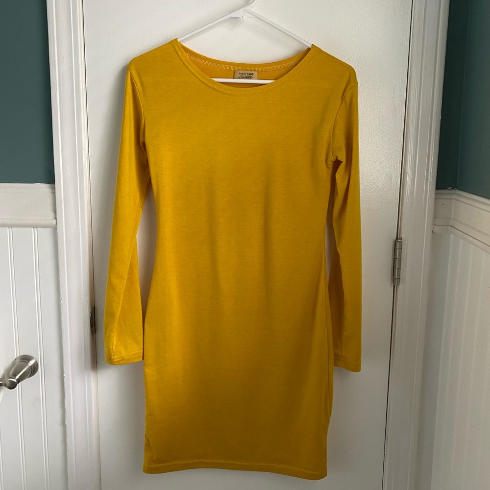 Piko Fitted Dress, Size Small, Mustard Yellow